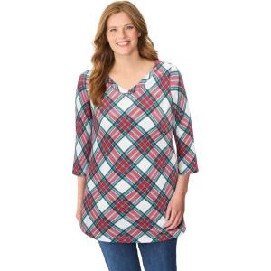 Woman Within Plus Size Perfect Printed Three-Quarter Sleeve V-Neck Tee(White Red Plaid)