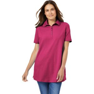 Woman Within Plus Size Perfect Short-Sleeve Polo Shirt(Raspberry Sorbet)