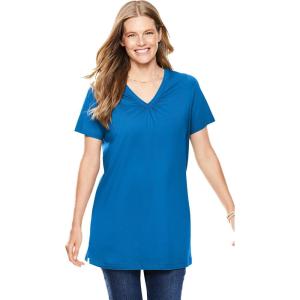 Woman Within Plus Size Perfect Short-Sleeve Shirred V-Neck Tunic(Bright Cobalt)