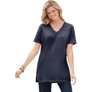 Woman Within Plus Size Perfect Short-Sleeve Shirred V-Neck Tunic(Navy)