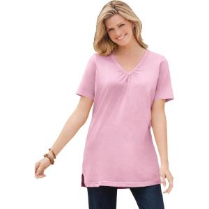 Woman Within Plus Size Perfect Short-Sleeve Shirred V-Neck Tunic(Pink)