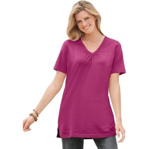 Woman Within Plus Size Perfect Short-Sleeve Shirred V-Neck Tunic(Raspberry)