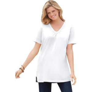 Woman Within Plus Size Perfect Short-Sleeve Shirred V-Neck Tunic(White)
