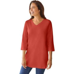 Woman Within Plus Size Perfect Three-Quarter Sleeve V-Neck Tunic(Burnt Red)