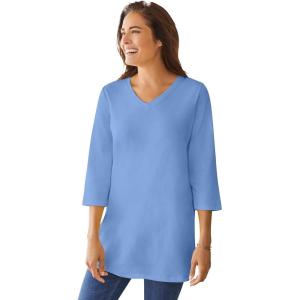 Woman Within Plus Size Perfect Three-Quarter Sleeve V-Neck Tunic(French Blue)