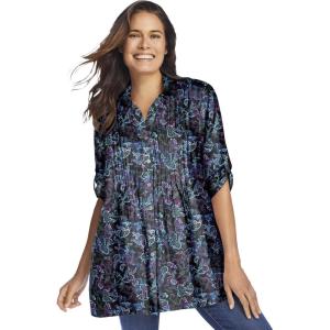 Woman Within Plus Size Rayon Pintucked Effortless Tunic Blouse(Black Multi Batik)