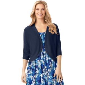 Woman Within Plus Size Rib Trim Cardigan Shrug Sweater(Navy)