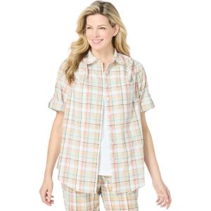Woman Within Plus Size Short-Sleeve Button Down Seersucker Shirt(New Khaki Plaid)