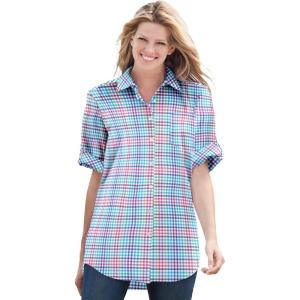 Woman Within Plus Size Short-Sleeve Button Down Seersucker Shirt(Petal Purple Multi Plaid)