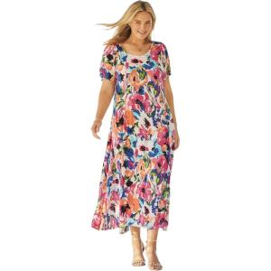 Woman Within Plus Size Short-Sleeve Crinkle Dress(Sweet Coral Bloom)