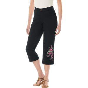 Woman Within Plus Size Stretch Denim Five-Pocket Capri Jeans(Black Bloom Embroidery)