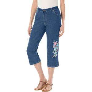 Woman Within Plus Size Stretch Denim Five-Pocket Capri Jeans(Medium Stonewash Floral Embroidery)