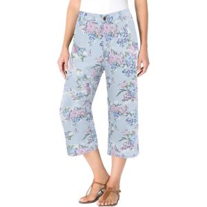 Woman Within Plus Size Stretch Denim Five-Pocket Capri Jeans(Pearl Grey Vine Bloom)