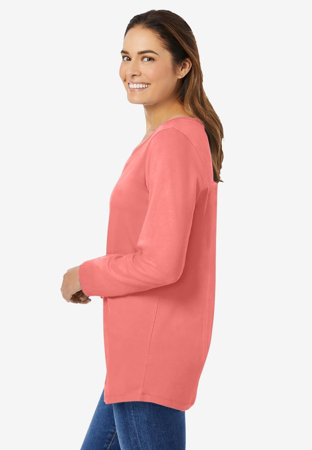 image:imageWoman Within Plus Size Perfect LongSleeve VNeck TeeSweet Coral