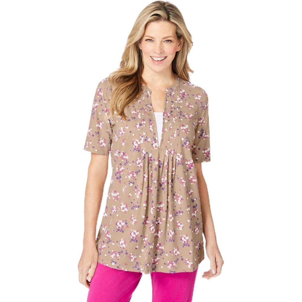 image:imageWoman Within Plus Size 7Day LayerLook ElbowSleeve TeeNew Khaki Ditsy Bouquet