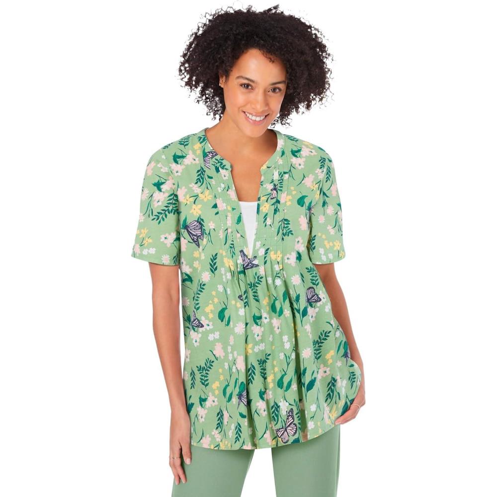 image:imageWoman Within Plus Size 7Day LayerLook ElbowSleeve TeeSage Multi Butterflies