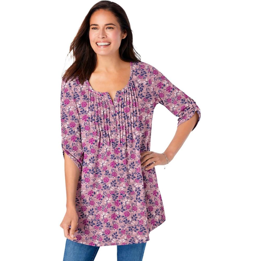 image:imageWoman Within Plus Size 7Day ThreeQuarter Sleeve Pintucked Henley TunicDusty Pink Flower Garden