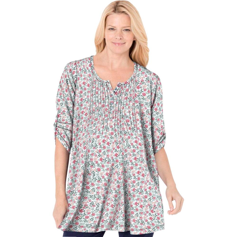 image:imageWoman Within Plus Size 7Day ThreeQuarter Sleeve Pintucked Henley TunicIvory Flower Garden