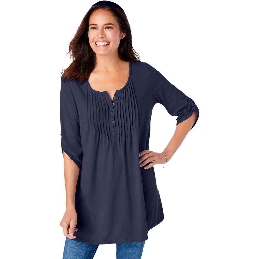 image:imageWoman Within Plus Size 7Day ThreeQuarter Sleeve Pintucked Henley TunicNavy