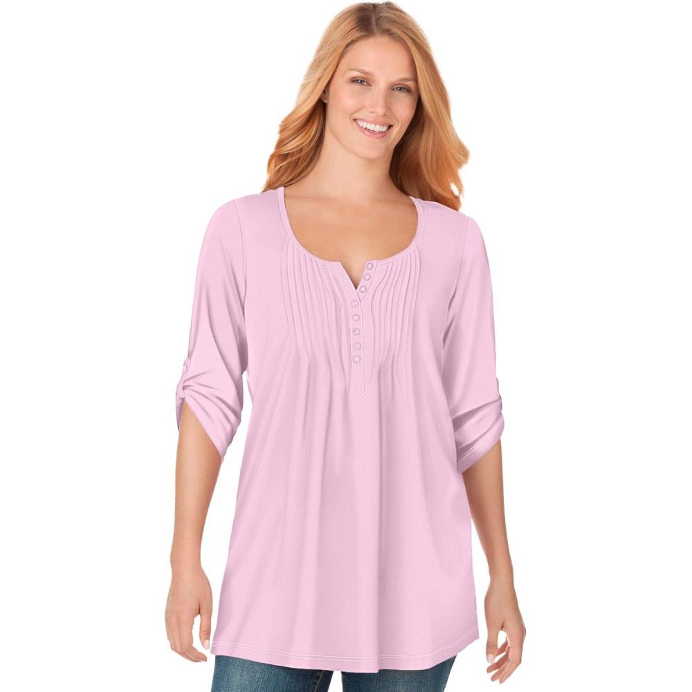 image:imageWoman Within Plus Size 7Day ThreeQuarter Sleeve Pintucked Henley TunicPink