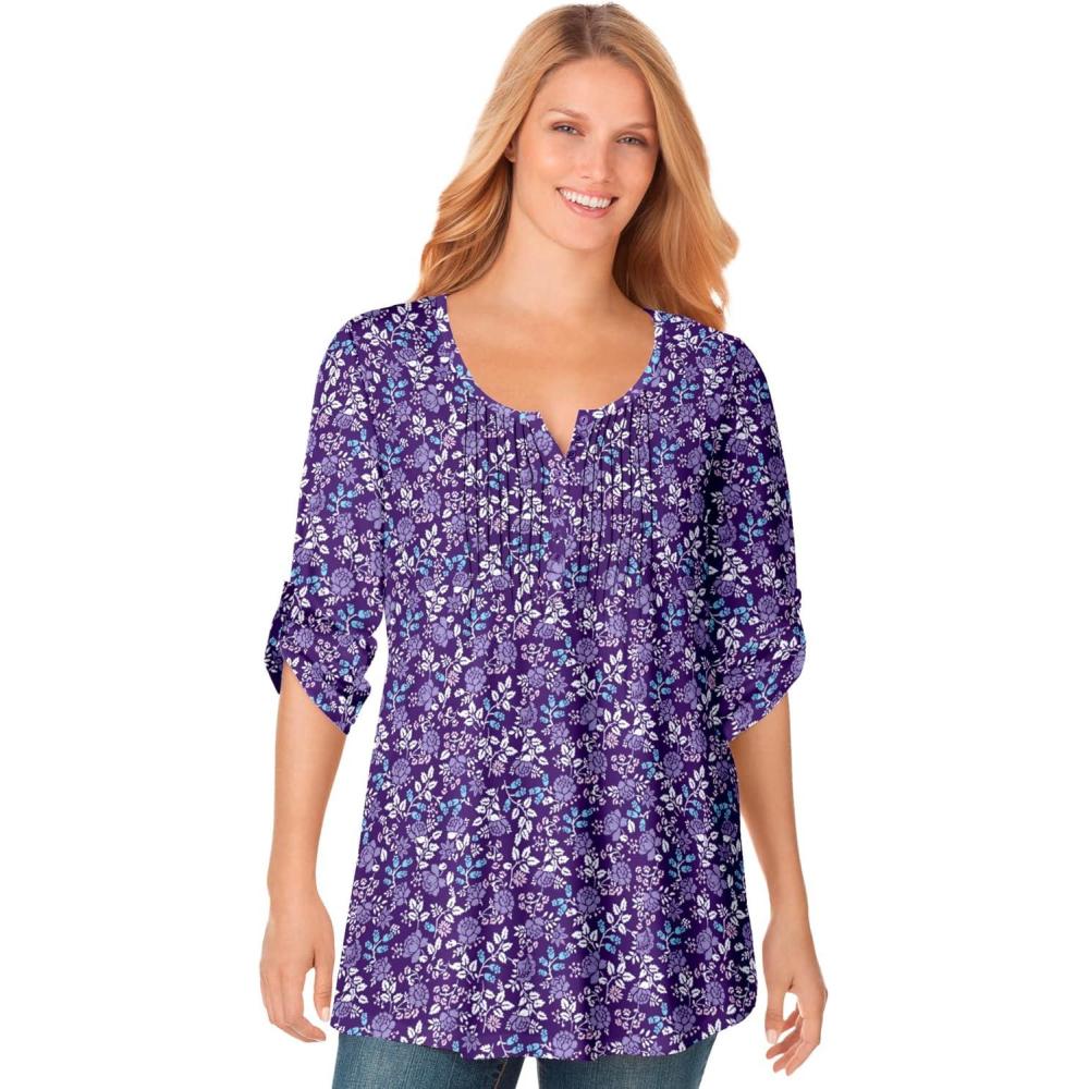 image:imageWoman Within Plus Size 7Day ThreeQuarter Sleeve Pintucked Henley TunicRadiant Purple Flower Garden