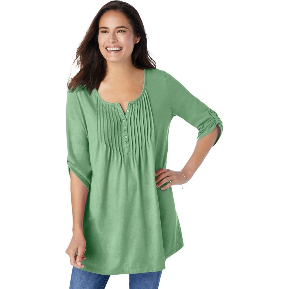 image:imageWoman Within Plus Size 7Day ThreeQuarter Sleeve Pintucked Henley TunicSage