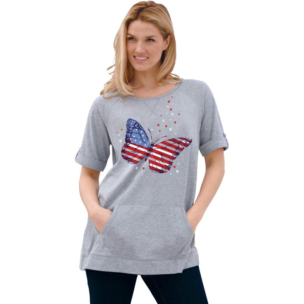 image:imageWoman Within Plus Size Americana Kangaroo Pocket TeeHeather Grey Americana Butterfly