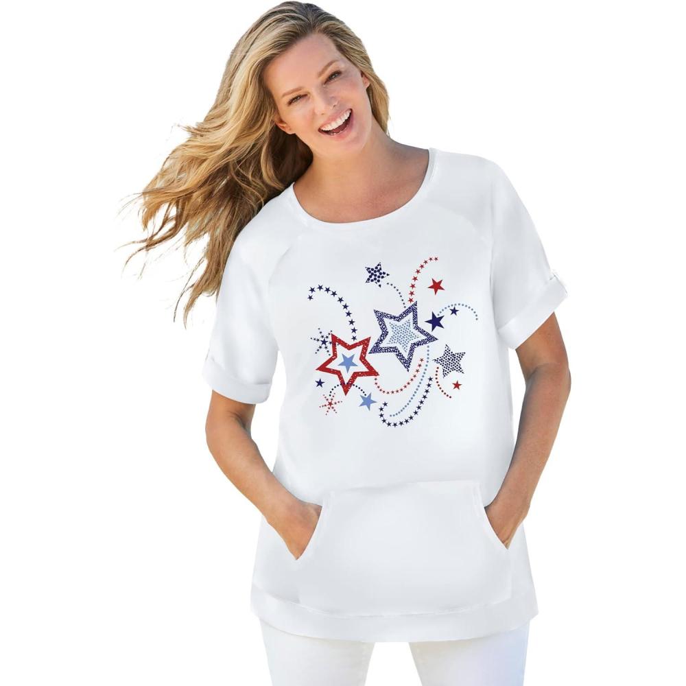 image:imageWoman Within Plus Size Americana Kangaroo Pocket TeeWhite Firework Stars