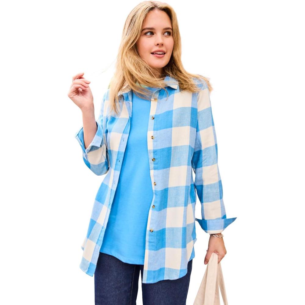 image:imageWoman Within Plus Size Classic Flannel ShirtAzure Blue Large Buffalo