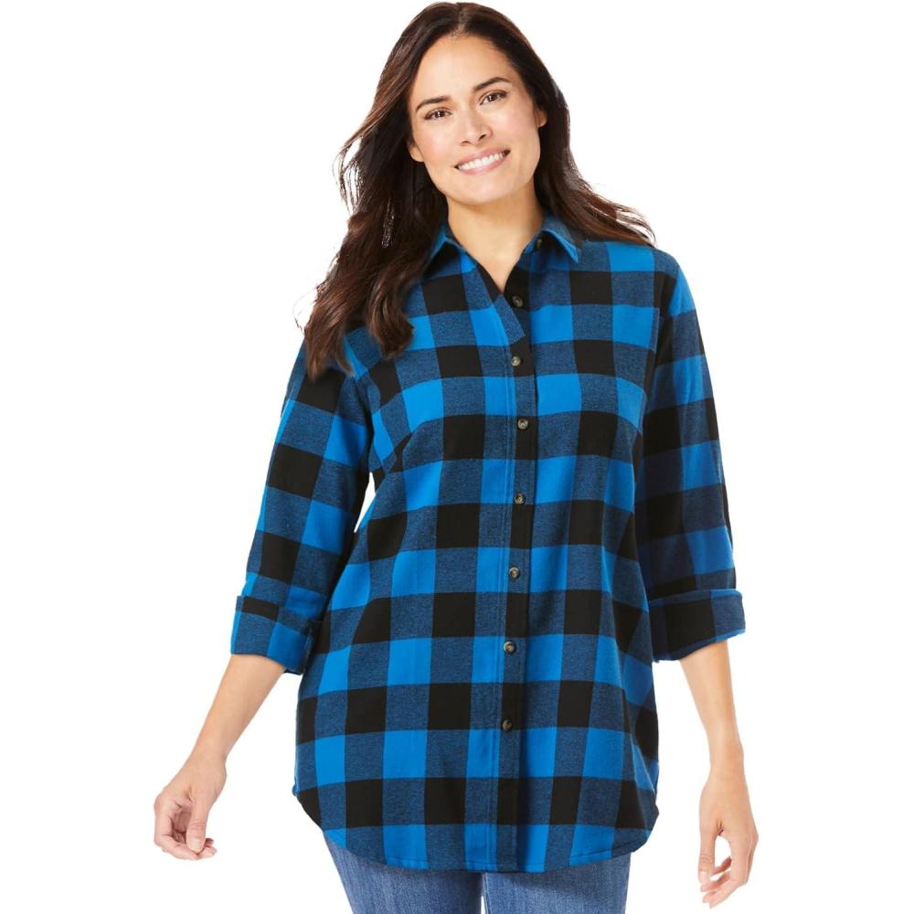 image:imageWoman Within Plus Size Classic Flannel ShirtBright Cobalt Buffalo Plaid
