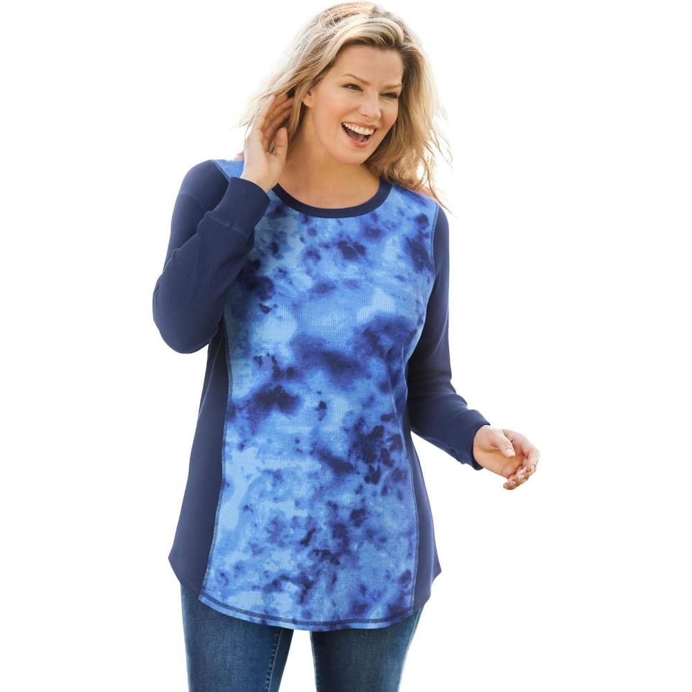 image:imageWoman Within Plus Size Colorblock Scoopneck Thermal SweatshirtBlue Tie Dye