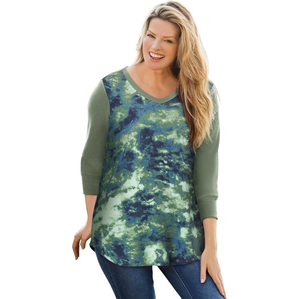 image:imageWoman Within Plus Size Colorblock Scoopneck Thermal SweatshirtPine Pretty Tie Dye