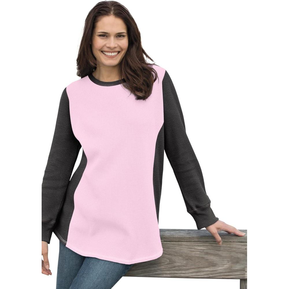 image:imageWoman Within Plus Size Colorblock Scoopneck Thermal SweatshirtPink Heather Charcoal