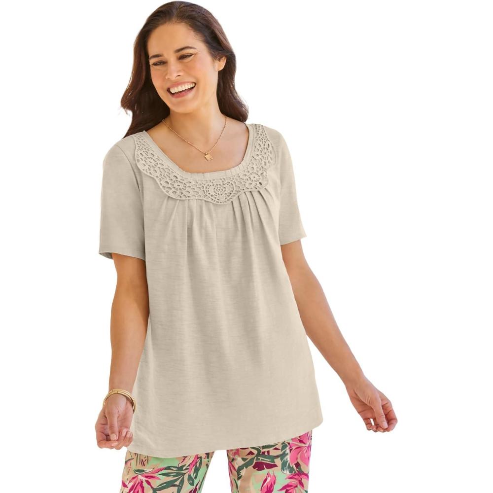 image:imageWoman Within Plus Size CrochetTrim Knit TopNatural Khaki