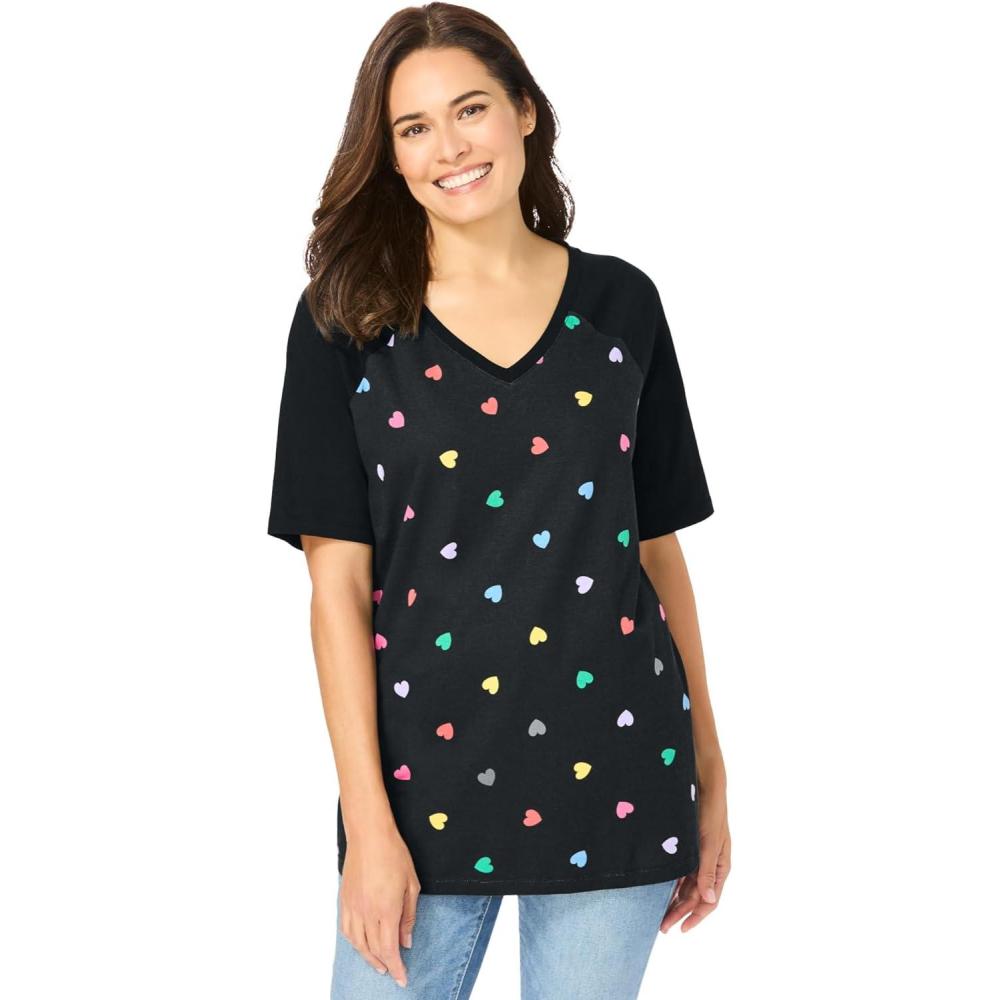 image:imageWoman Within Plus Size Elbow Sleeve VNeck Baseball TeeBlack Multi Sprinkle Hearts