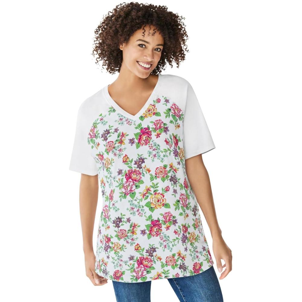 image:imageWoman Within Plus Size Elbow Sleeve VNeck Baseball TeeMulti Cottage Bloom
