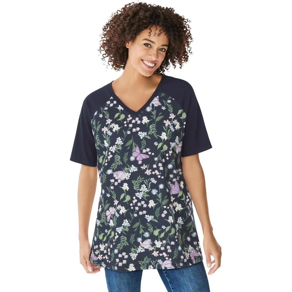 image:imageWoman Within Plus Size Elbow Sleeve VNeck Baseball TeeNavy Lilac Butterflies