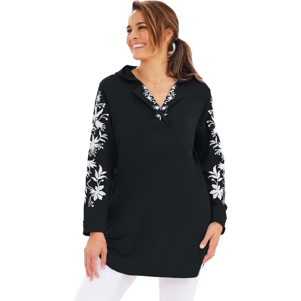 image:imageWoman Within Plus Size Embroidered Hoodie SweatshirtBlack Embroidery