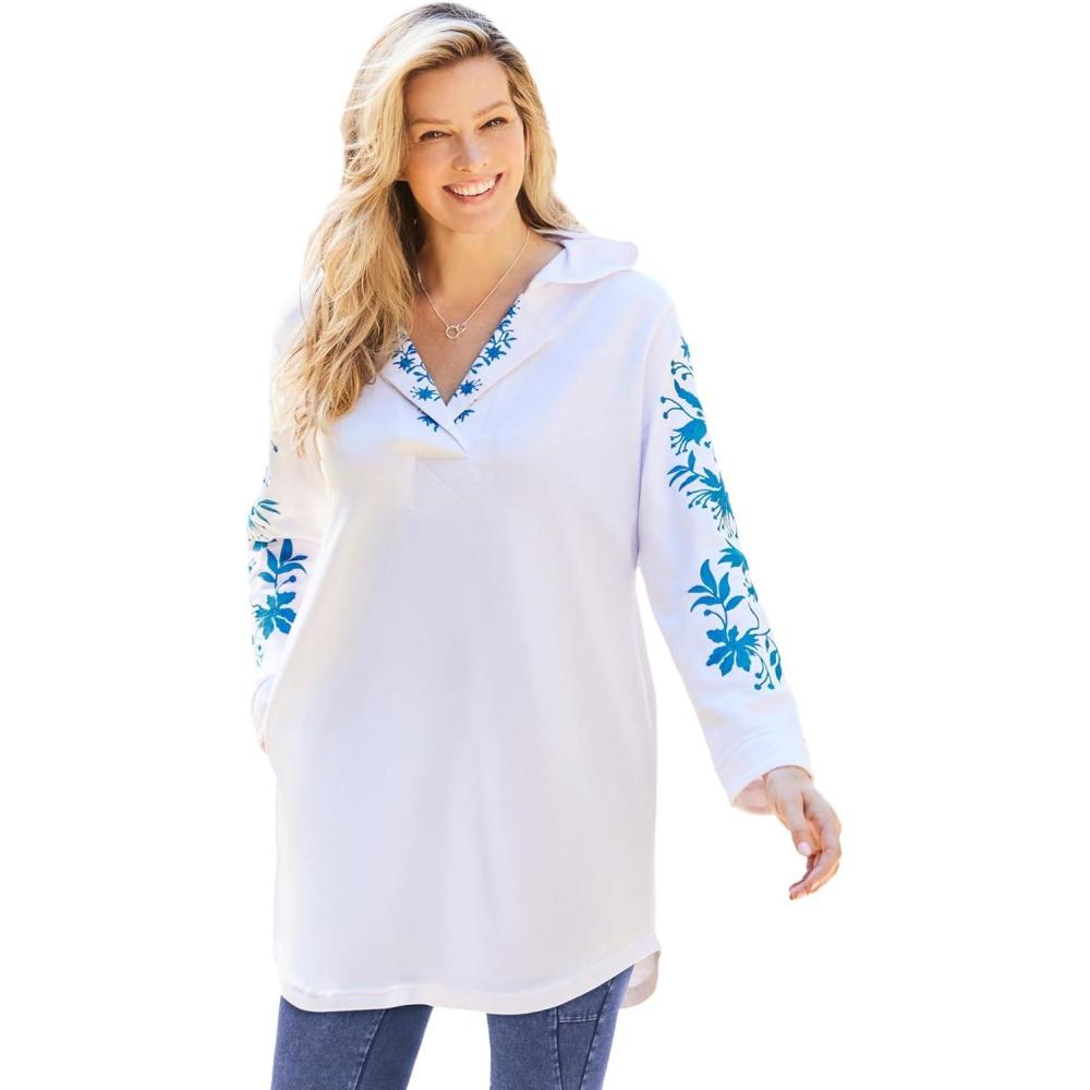 image:imageWoman Within Plus Size Embroidered Hoodie SweatshirtWhite Embroidery