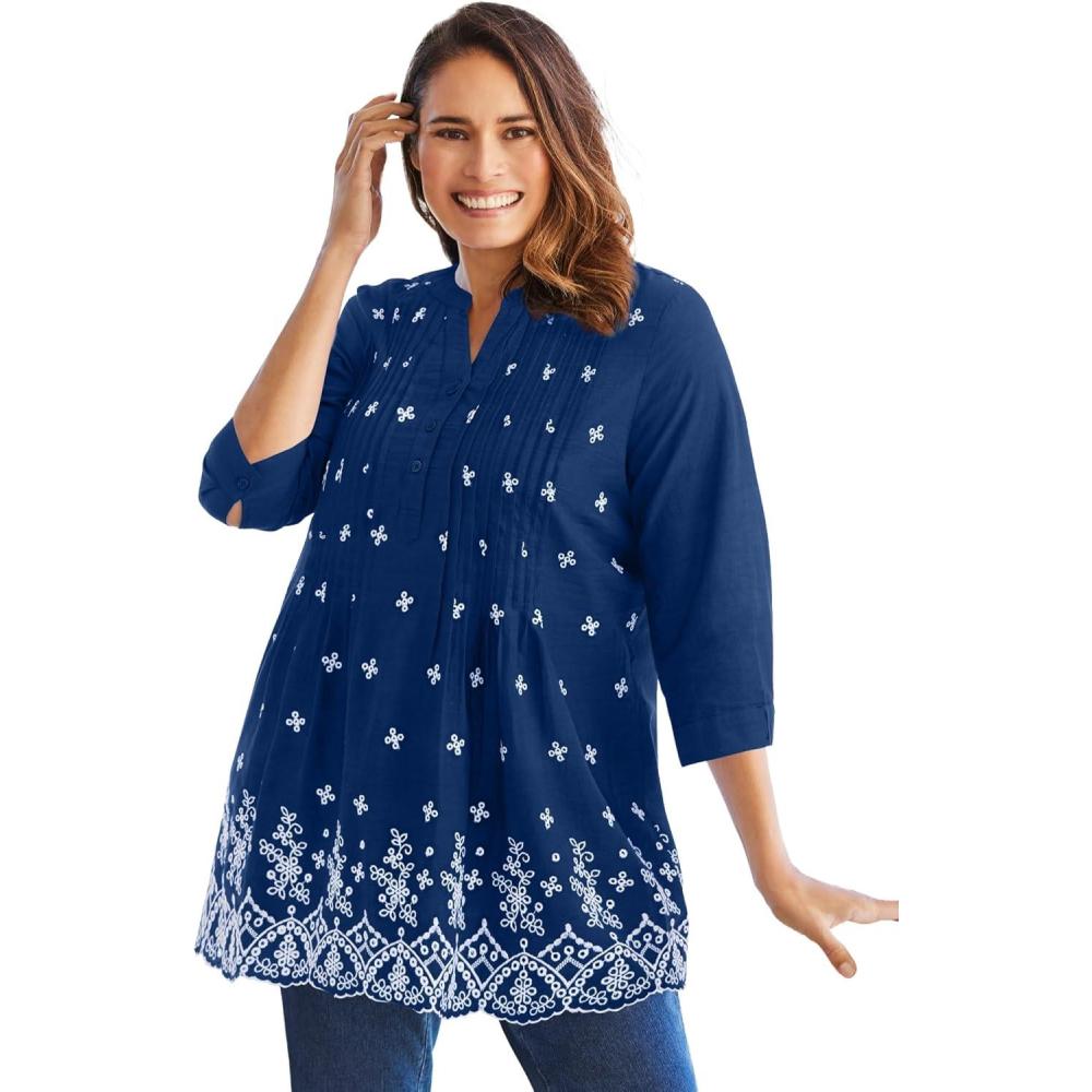 image:imageWoman Within Plus Size Embroidered Pintuck TunicEvening Blue Eyelet Embroidery