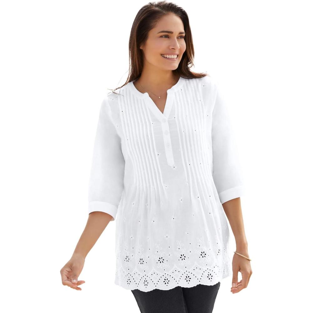 image:imageWoman Within Plus Size Embroidered Pintuck TunicWhite Eyelet Embroidery