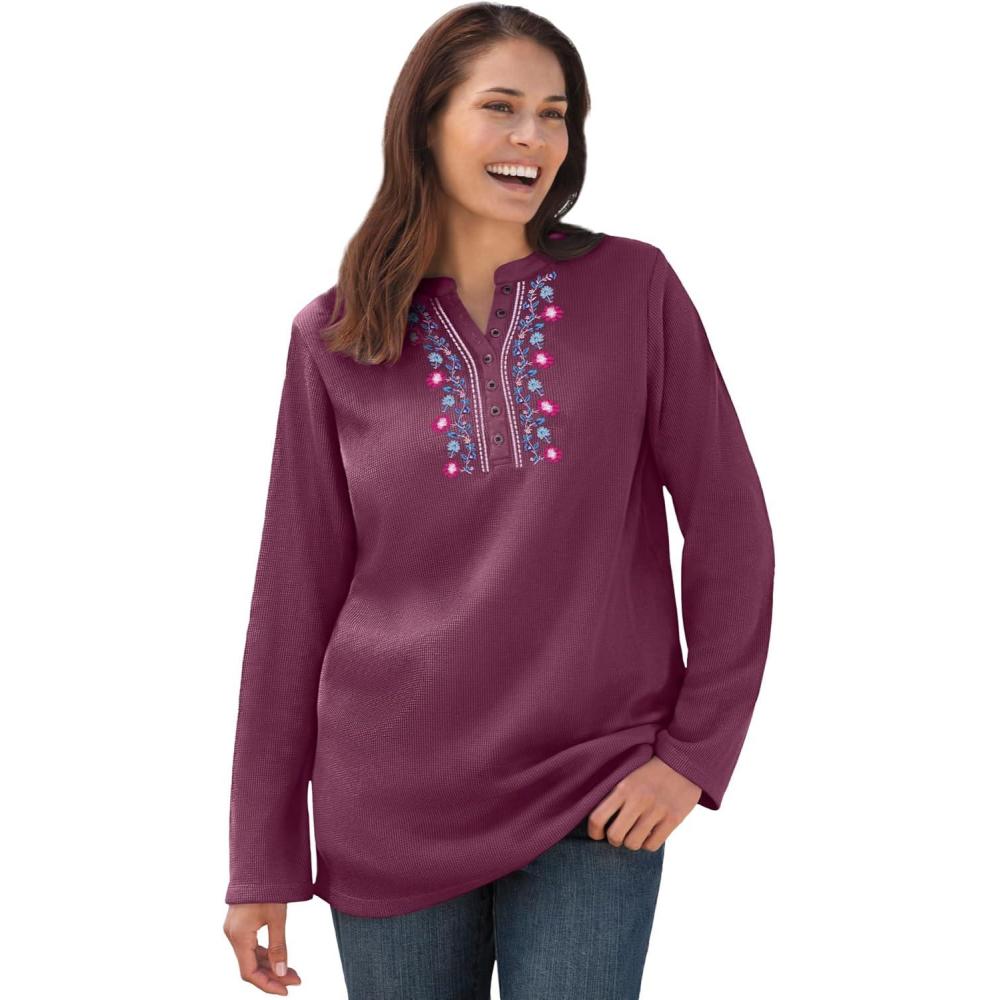 image:imageWoman Within Plus Size Embroidered Thermal Henley TeeDeep Claret Vine Embroidery