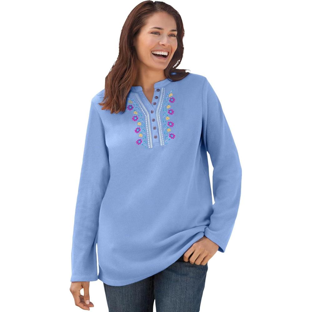 image:imageWoman Within Plus Size Embroidered Thermal Henley TeeFrench Blue Vine Embroidery