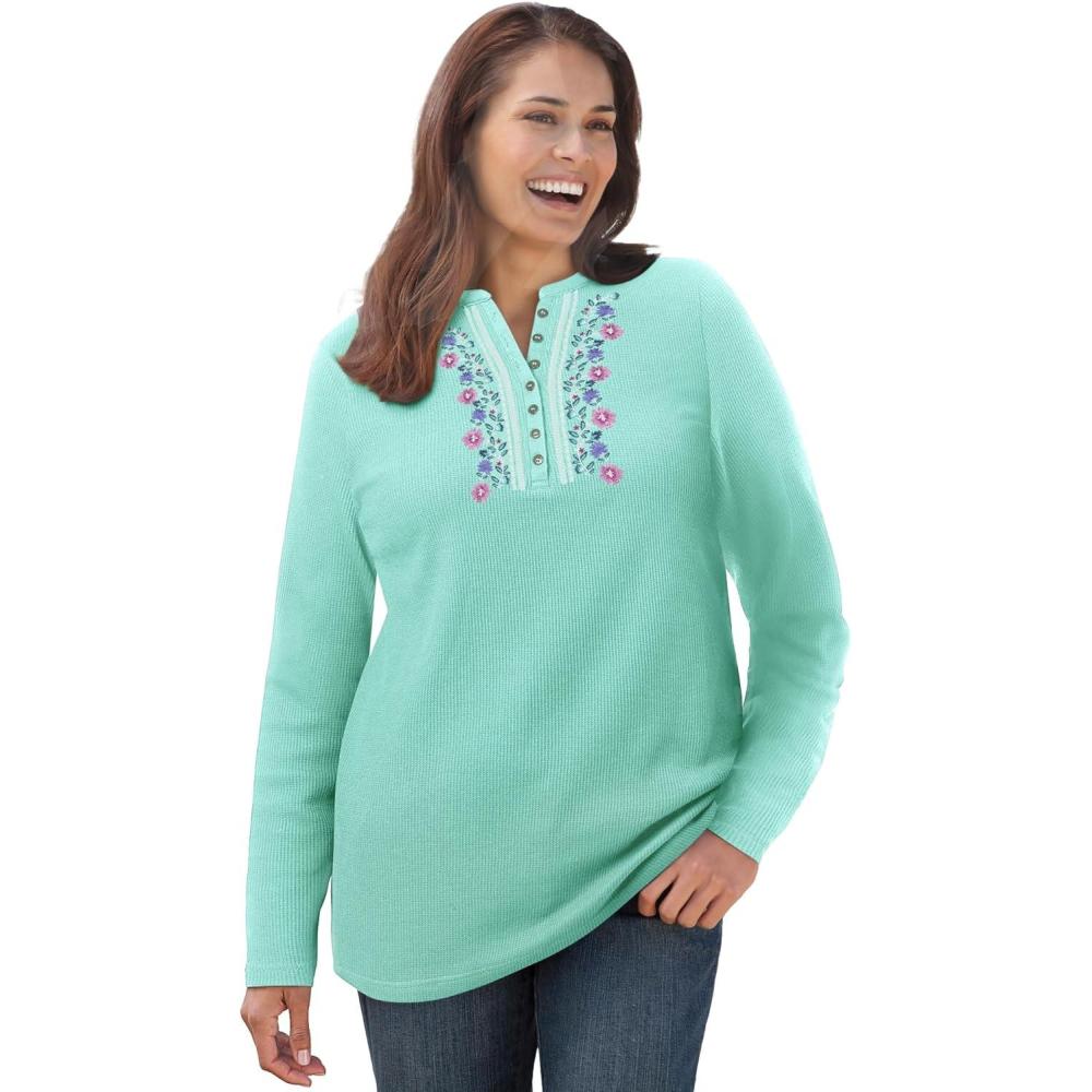 image:imageWoman Within Plus Size Embroidered Thermal Henley TeePale Seafoam Vine Embroidery