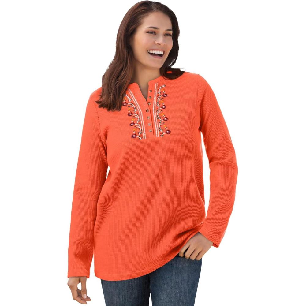 image:imageWoman Within Plus Size Embroidered Thermal Henley TeePumpkin Vine Embroidery