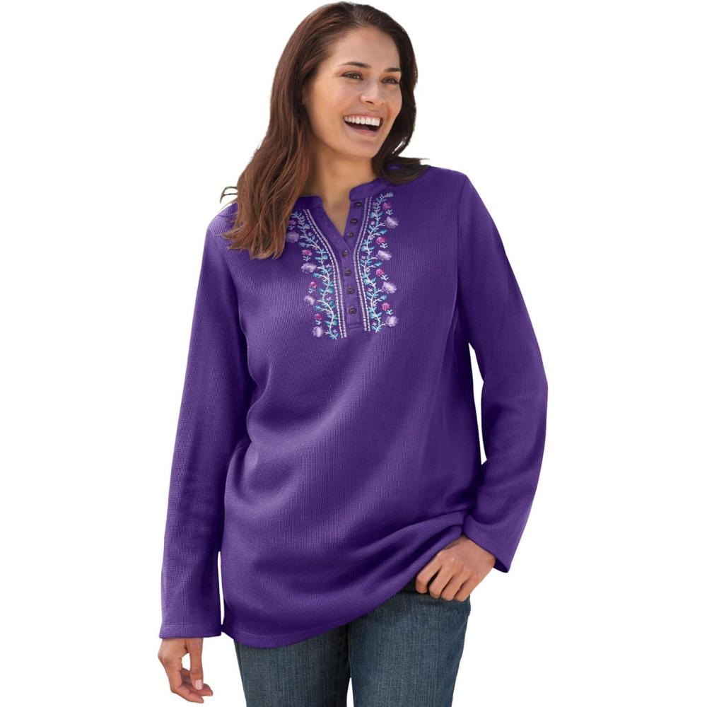 image:imageWoman Within Plus Size Embroidered Thermal Henley TeeRadiant Purple Vine Embroidery