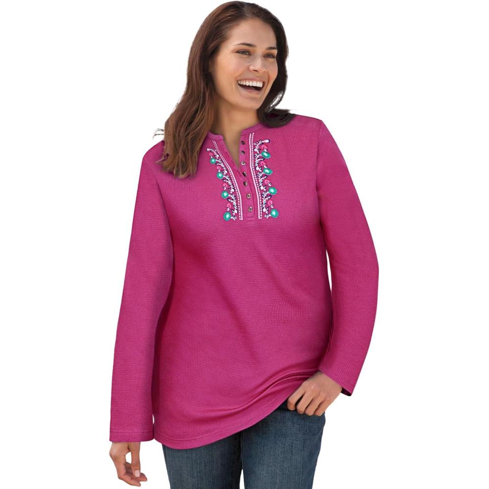 image:imageWoman Within Plus Size Embroidered Thermal Henley TeeRaspberry Vine Embroidery