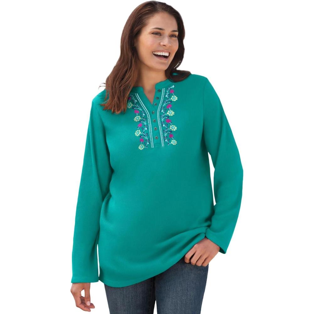 image:imageWoman Within Plus Size Embroidered Thermal Henley TeeWaterfall Vine Embroidery