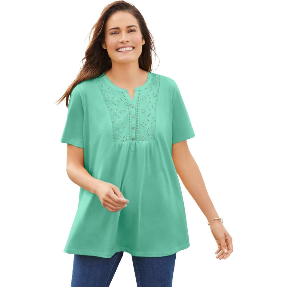 image:imageWoman Within Plus Size Eyelet Henley TeePale Seafoam