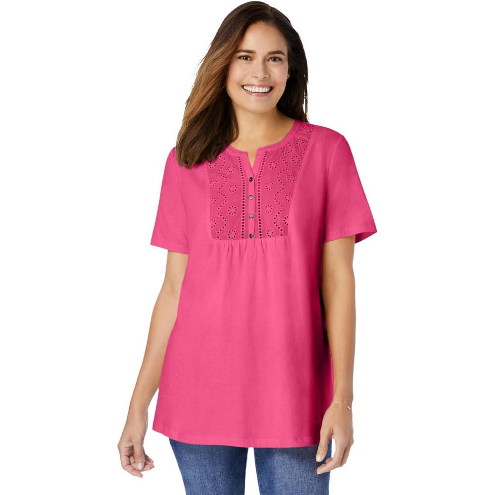 image:imageWoman Within Plus Size Eyelet Henley TeePeony Petal
